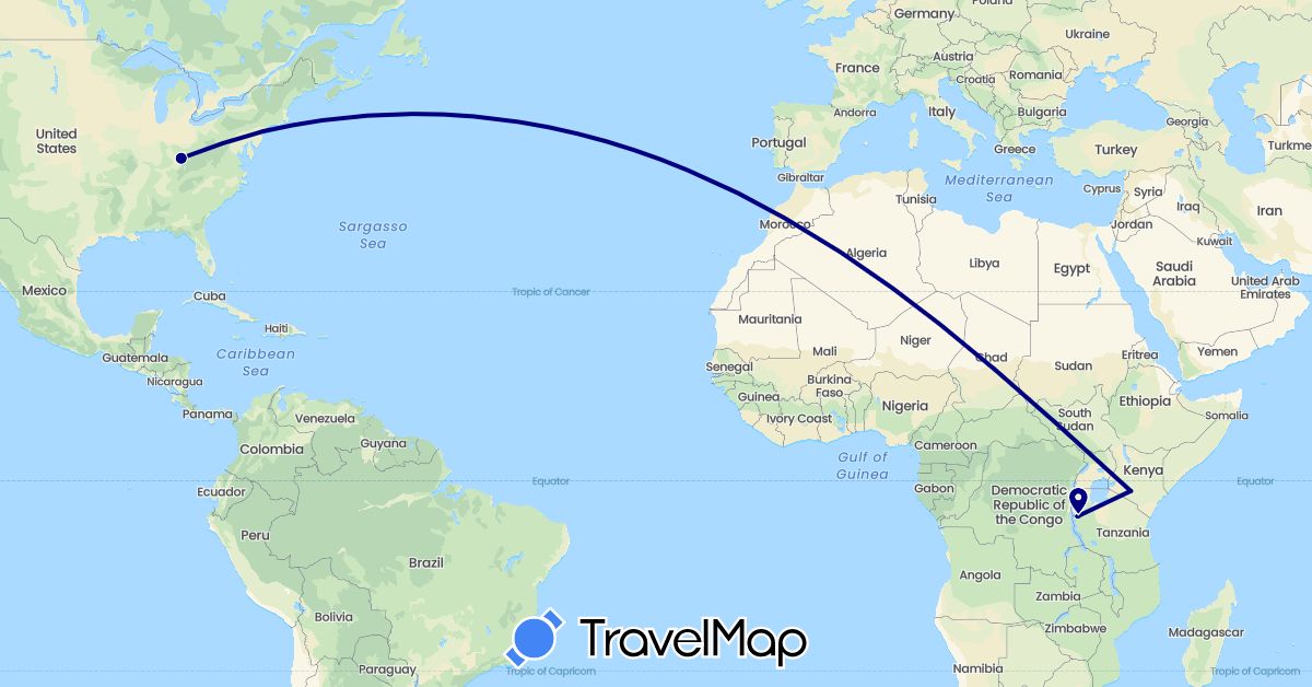 TravelMap itinerary: driving in Kenya, Tanzania, United States (Africa, North America)